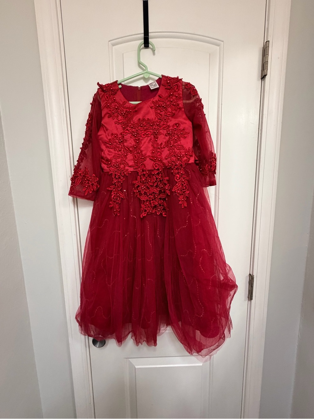 Red Embellished Girls' Party Dress - Elegant Tulle & Lace worn one time only